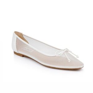 Badgley Mischka White Mesh Cam Pointed Toe Leather Bow Flats Bridal Wedding